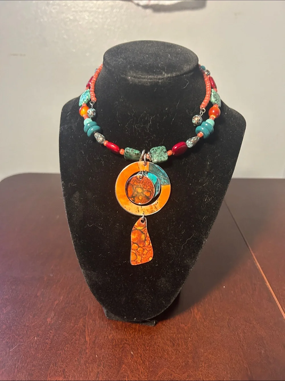 Vibrant Orange & Turquoise Mixed Bead Pendant Necklace